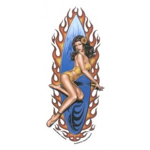 Sticker Pin Up surfer girl big surf flaming AD466