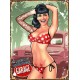 Sticker pinup tattoo girl sexy maillot rouge poids blanc fond ford f1 old Pinup 12