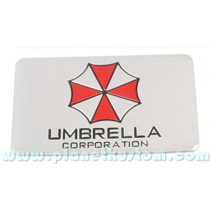 Sticker umbrella corporation logo rectangle fond alu brossé badge 3d métal